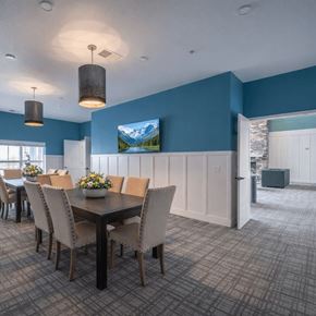 Falcon Heights apartment for rent - A dining room with a table set for six with a view of the mountains.