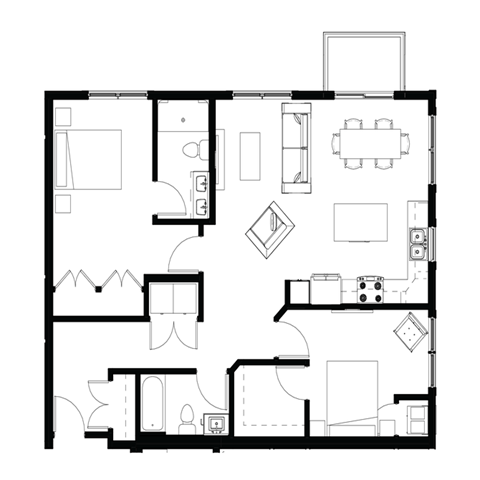 Floor plan for 2 beds, 2 baths, 1128 sqft