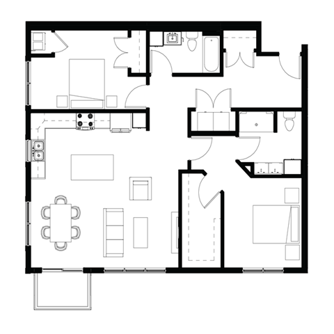 Floor plan for 2 beds, 2 baths, 1255 sqft