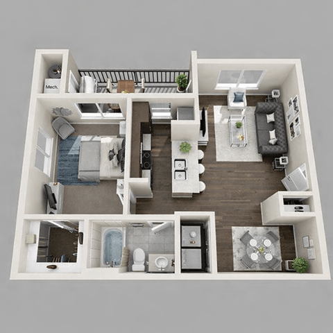Floor plan for 1 bed, 1 bath, 745 sqft