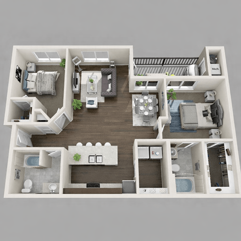 Floor plan for 2 beds, 2 baths, 1133 sqft