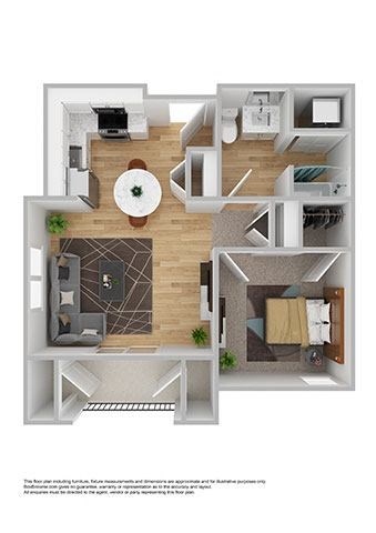 Floor plan for 1 bed, 1 bath, 628 sqft