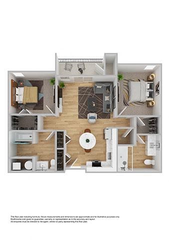 Floor plan for 2 beds, 2 baths, 934 sqft