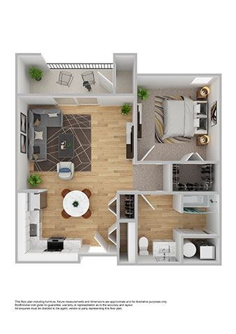 Floor plan for 1 bed, 1 bath, 667 sqft
