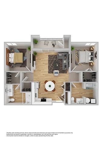 Floor plan for 2 beds, 2 baths, 957 sqft