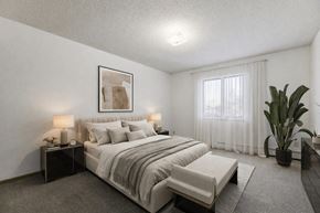 Champlin apartment for rent - A bedroom with a large bed and a potted plant.
