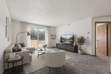 Champlin apartment for rent - A modern living room with a grey carpet and a white sofa.