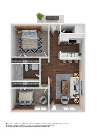 Floor plan for 2 beds, 1 bath, 764 sqft
