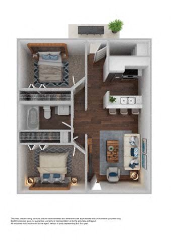 Floor plan for 2 beds, 1 bath, 768 sqft