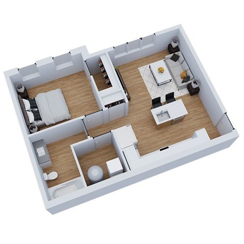 Floor plan for 1 bed, 1 bath, 652 sqft