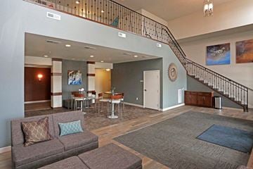 St Cloud apartment for rent - A living room with a grey couch and a blue rug.