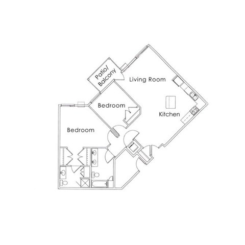 Floor plan for 2 beds, 2 baths, 1271 sqft