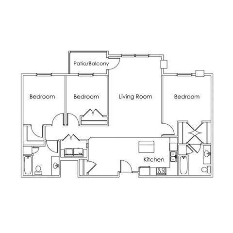 Floor plan for 3 beds, 2 baths, 1398 sqft