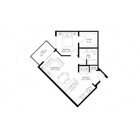 Floor plan for 1 bed, 1 bath, 726 sqft