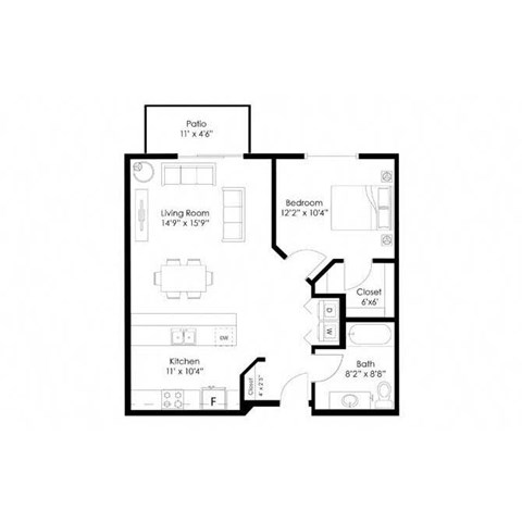 Floor plan for 1 bed, 1 bath, 747 sqft