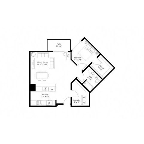 Floor plan for 1 bed, 1 bath, 932 sqft