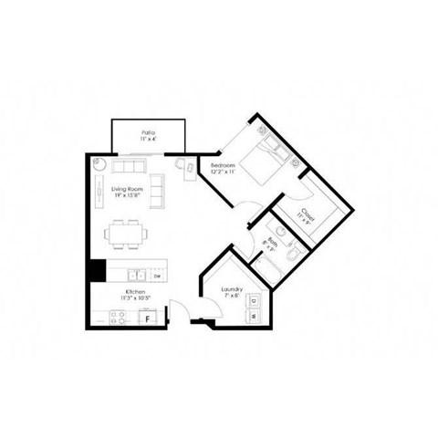 Floor plan for 1 bed, 1 bath, 940 sqft