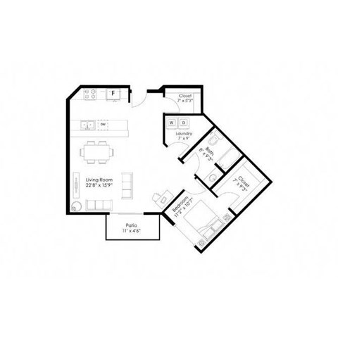 Floor plan for 1 bed, 1 bath, 983 sqft