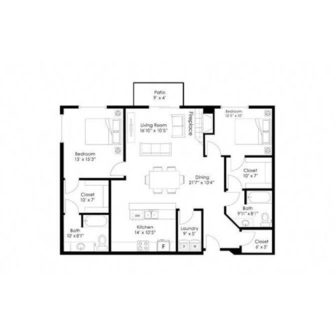 Floor plan for 2 beds, 2 baths, 1474 sqft