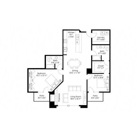 Floor plan for 2 beds, 2 baths, 1497 sqft