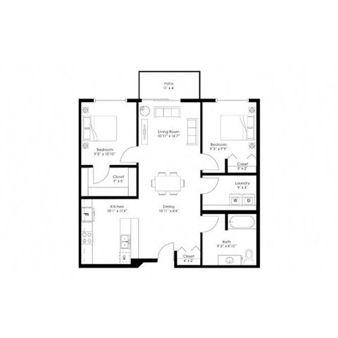 Floor plan for 2 beds, 1 bath, 923 sqft