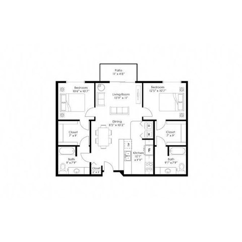 Floor plan for 2 beds, 2 baths, 1025 sqft