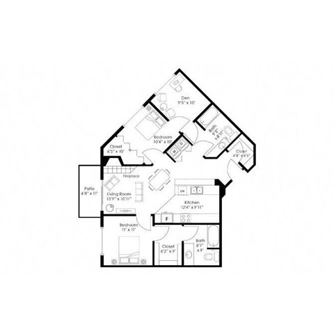 Floor plan for 2 beds, 2 baths, 1090 sqft