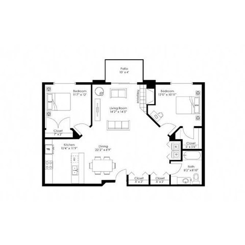 Floor plan for 2 beds, 1 bath, 1136 sqft