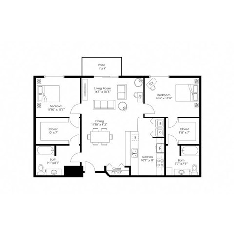 Floor plan for 2 beds, 2 baths, 1194 sqft