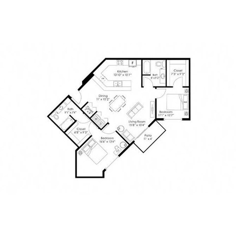 Floor plan for 2 beds, 2 baths, 1211 sqft