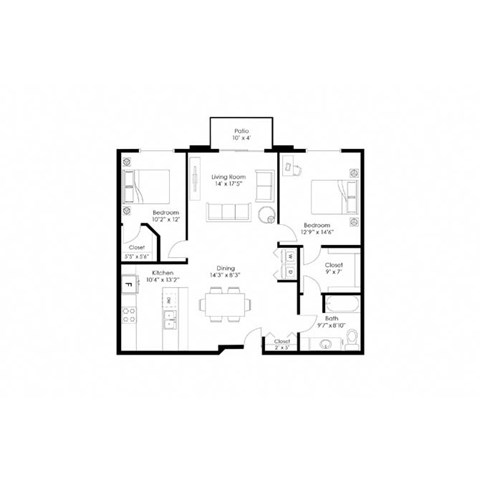 Floor plan for 2 beds, 1 bath, 1226 sqft