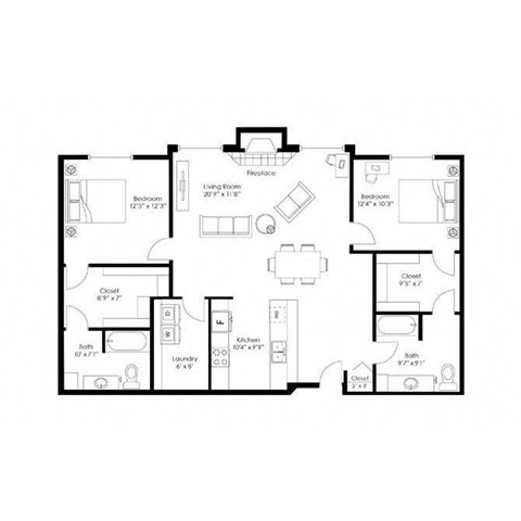 Floor plan for 2 beds, 2 baths, 1345 sqft