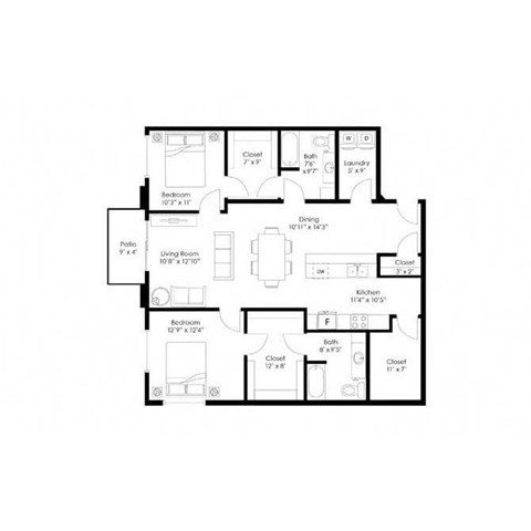 Floor plan for 2 beds, 2 baths, 1388 sqft