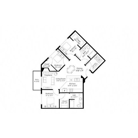 Floor plan for 3 beds, 2 baths, 1257 sqft