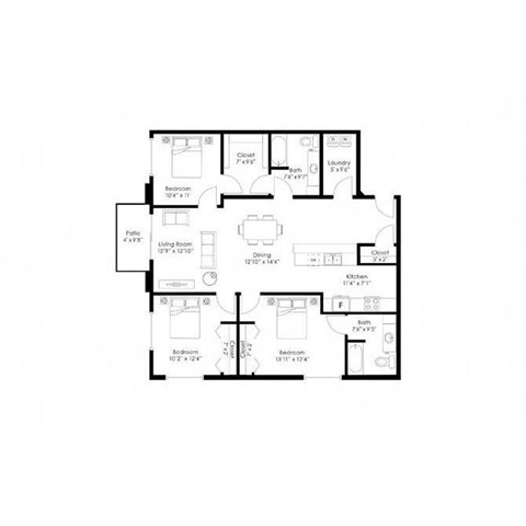 Floor plan for 3 beds, 2 baths, 1388 sqft
