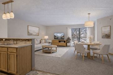 St Cloud apartment for rent - A well-lit, modern kitchen and living room with wooden furniture and a large window.