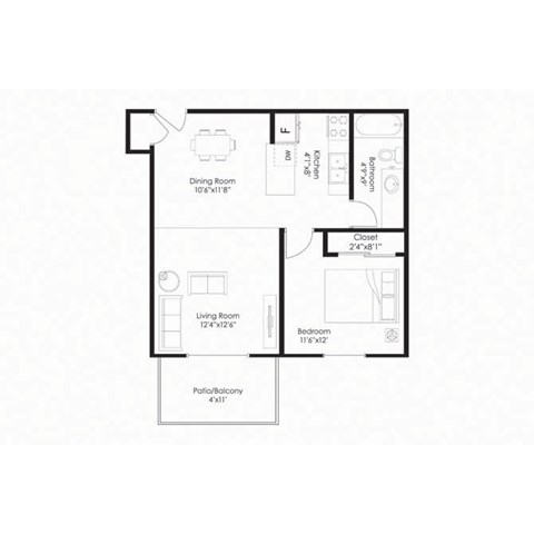 Floor plan for 1 bed, 1 bath, 650 sqft
