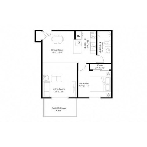 Floor plan for 1 bed, 1 bath, 650 sqft