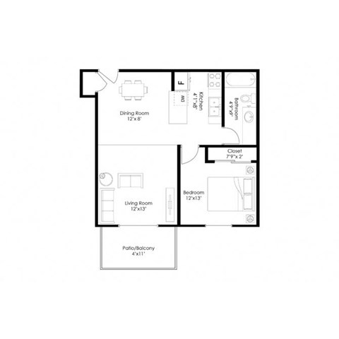 Floor plan for 1 bed, 1 bath, 675 sqft