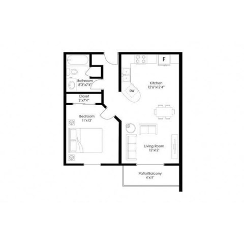 Floor plan for 1 bed, 1 bath, 675 sqft