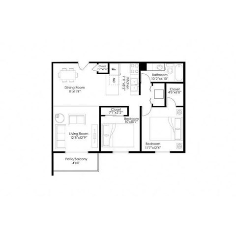 Floor plan for 2 beds, 1 bath, 950 sqft