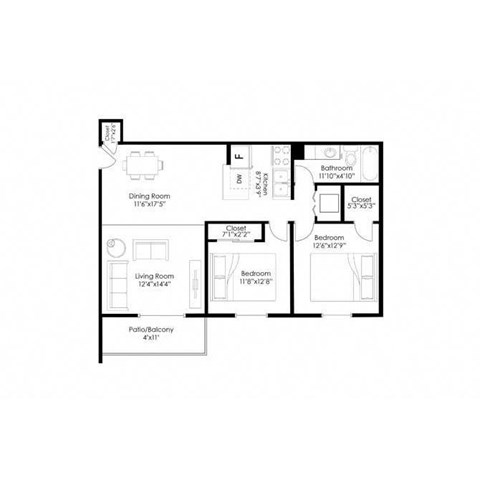 Floor plan for 2 beds, 1 bath, 950 sqft