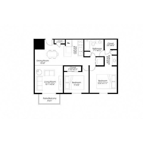Floor plan for 2 beds, 1.5 baths, 960 sqft
