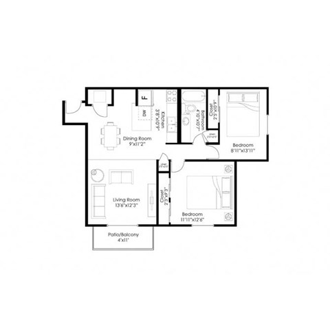 Floor plan for 2 beds, 1 bath, 950 sqft