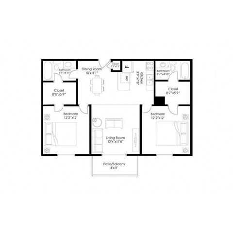 Floor plan for 2 beds, 2 baths, 960 sqft
