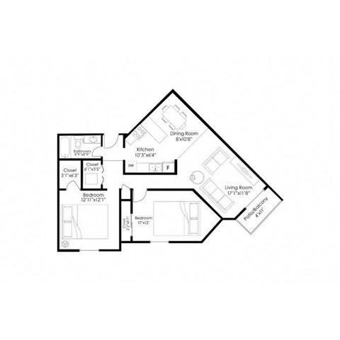Floor plan for 2 beds, 1 bath, 1030 sqft