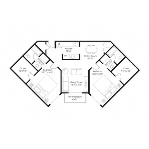 Floor plan for 2 beds, 2 baths, 1100 sqft