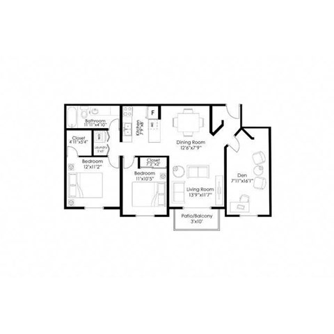Floor plan for 2 beds, 1 bath, 1150 sqft