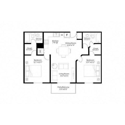 Floor plan for 2 beds, 2 baths, 960 sqft