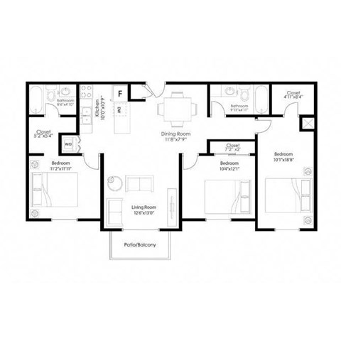 Floor plan for 3 beds, 2 baths, 1200 sqft